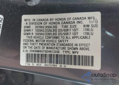 2013 Honda Cr-V Ex-L z USA, uszkodzony, nr VIN 2HKRM4H75DH613356